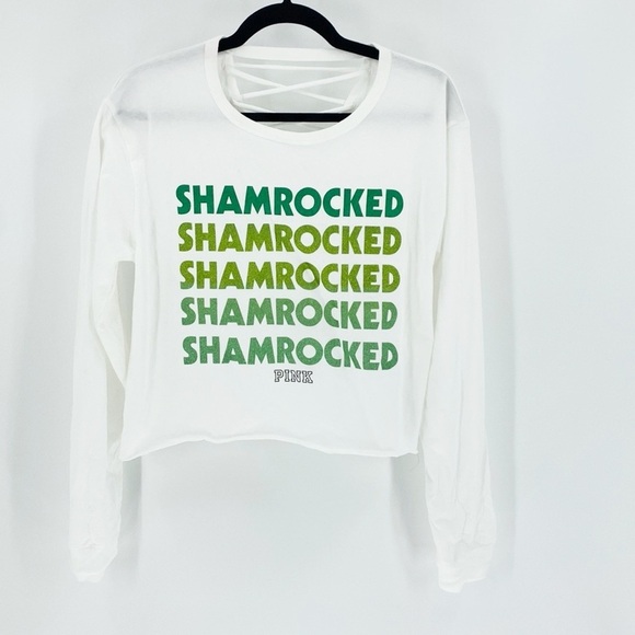Pink glitter shamrock caged back cropped long sleeve T-shirt st Patrick’s day - Picture 1 of 6